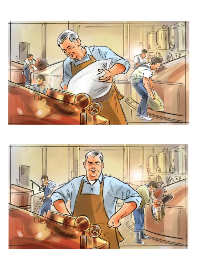 Workers handling large copper boilers in a brewery by Henryk Zimak