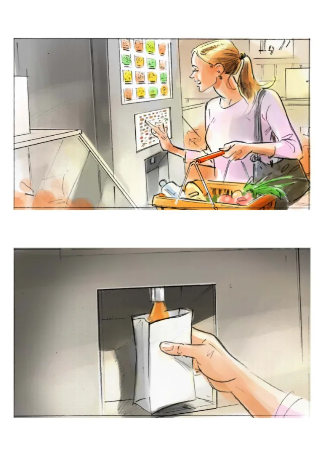 Woman scanning groceries at self-checkout machine, illustrated by Henryk Zimak.