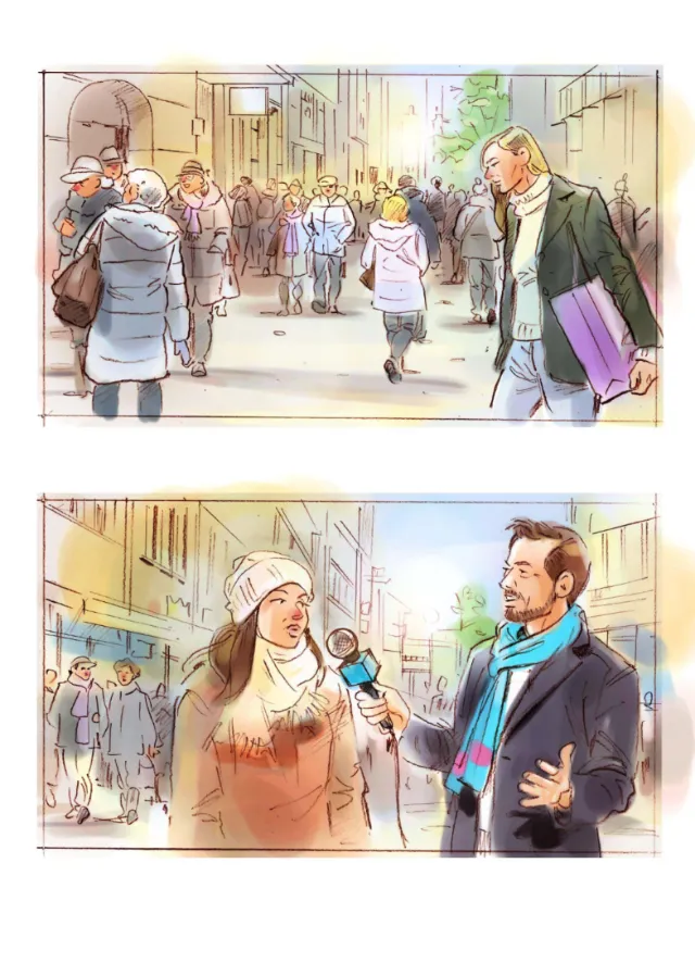 Street scene with people walking and a man interviewing a woman, illustration by Henryk Zimak