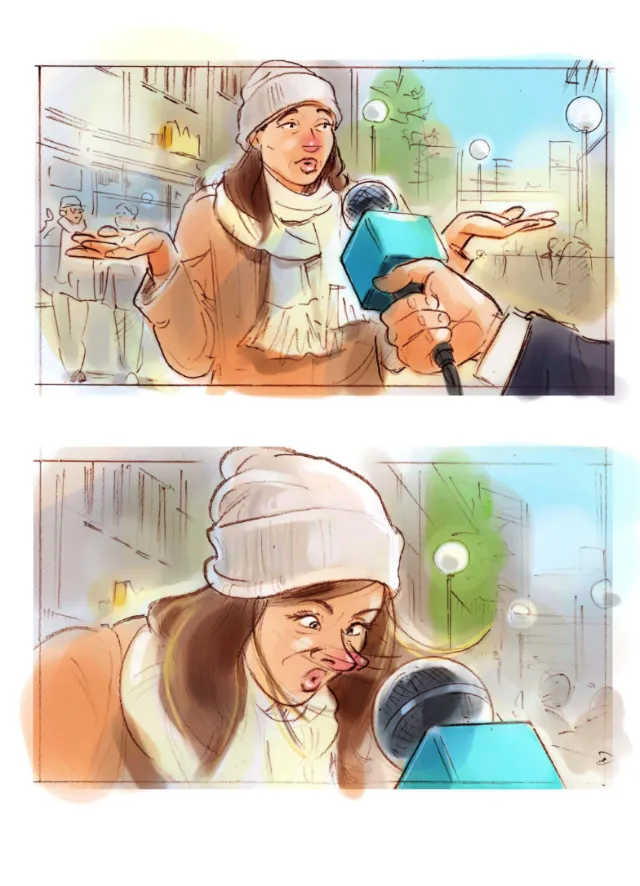 Woman speaking into a microphone during a street interview by Henryk Zimak