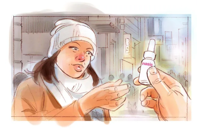 Young woman in a hat reaching for nasal spray bottle, by Henryk Zimak
