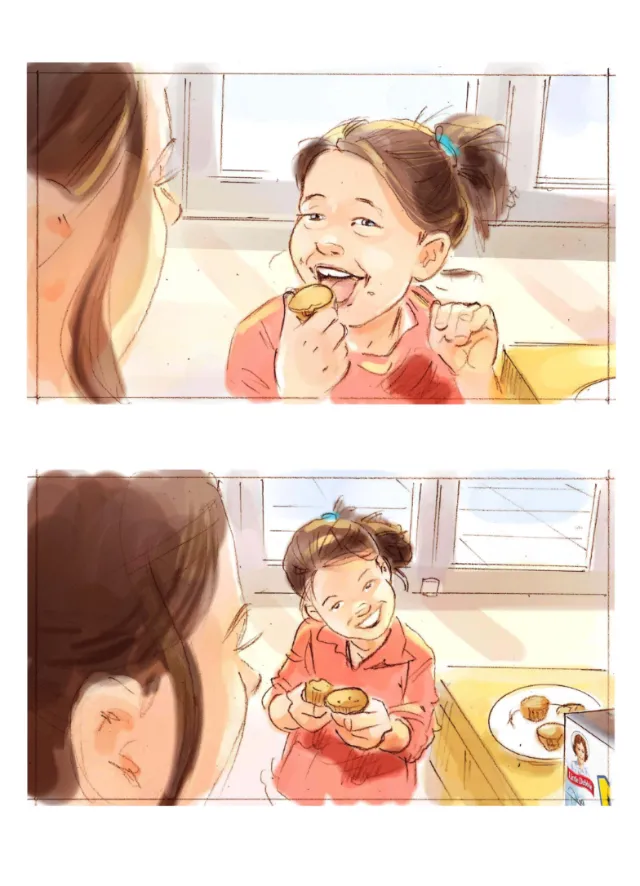 Child enjoying cookies at table with adult, illustrated by Henryk Zimak