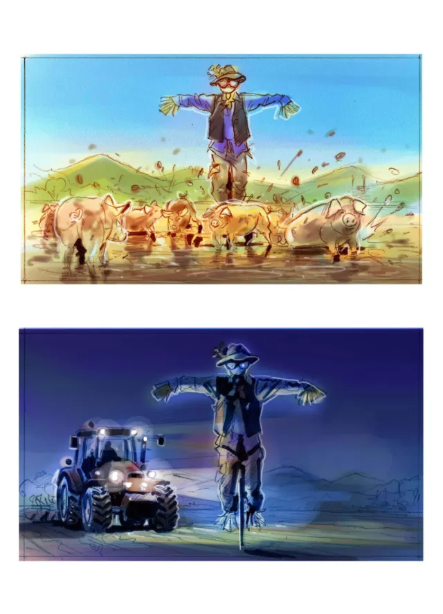 Scarecrow standing with pigs and tractor at night by Henryk Zimak