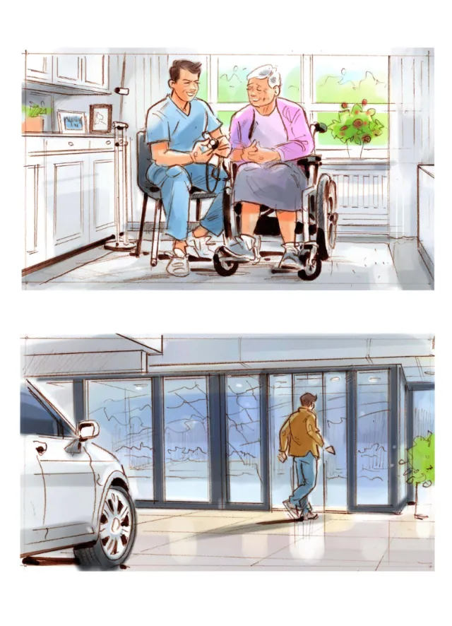 Young caregiver assisting elderly woman in wheelchair at home by Henryk Zimak