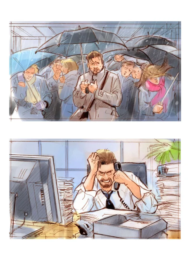 Stressed man outdoors under umbrellas and at a cluttered office desk by Henryk Zimak