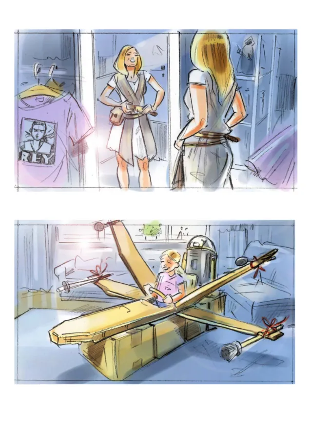 Illustration by Henryk Zimak of woman trying clothes and child with Star Wars toys.
