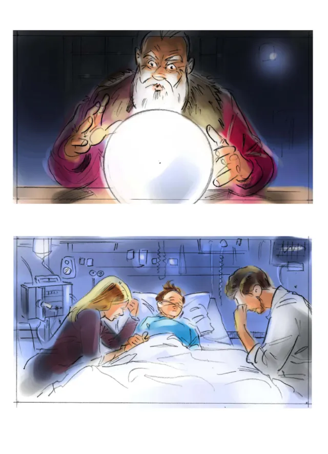 Man with crystal ball and family at hospital bedside by Henryk Zimak