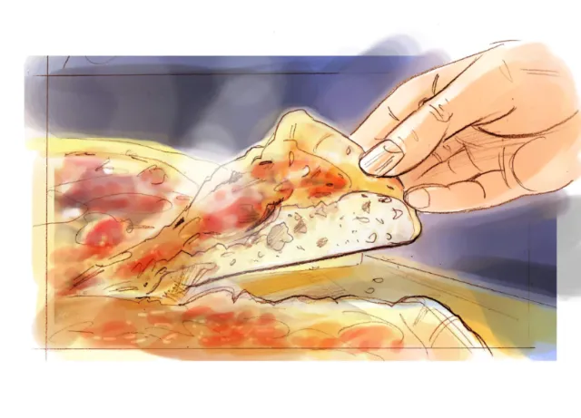 Hand grasping a slice of pepperoni pizza illustration by Henryk Zimak