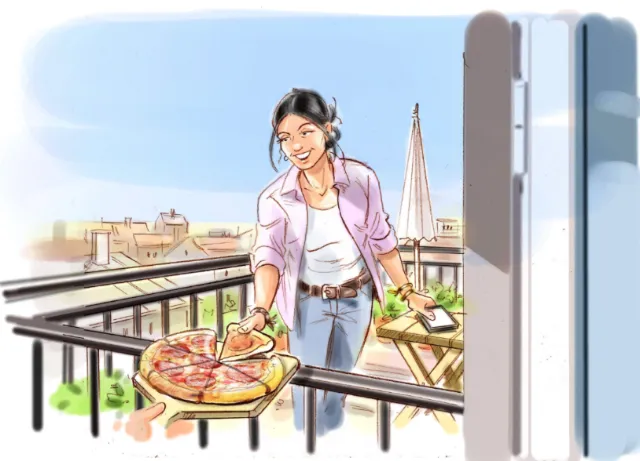 Woman serving pizza on a balcony with cityscape background illustration