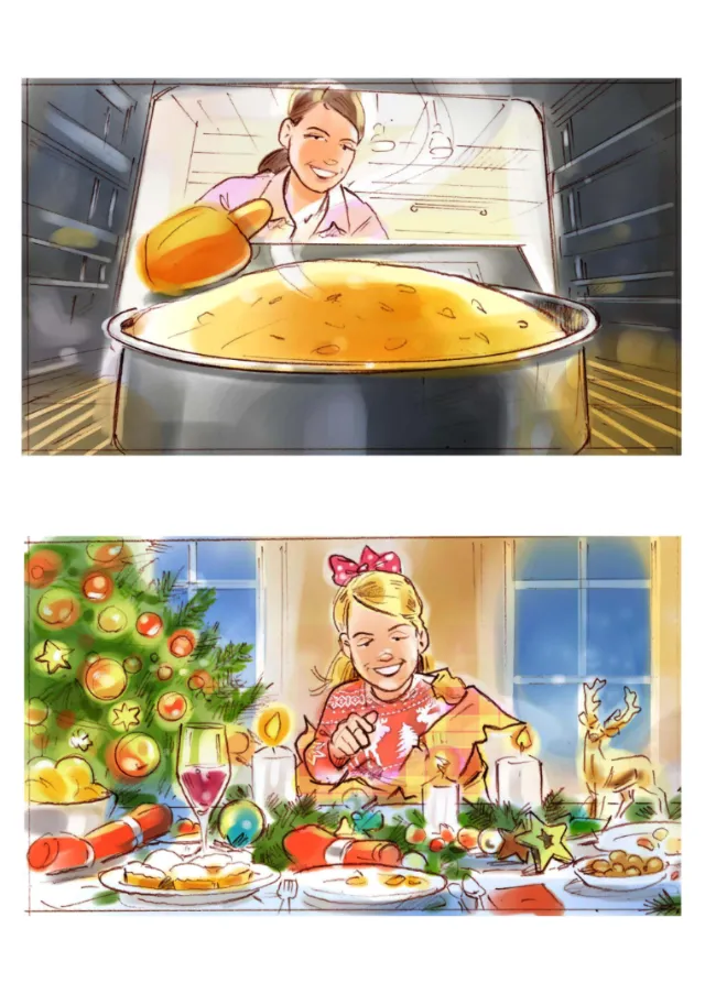 Illustrations of a woman cooking and a girl celebrating a Christmas meal by Henryk Zimak