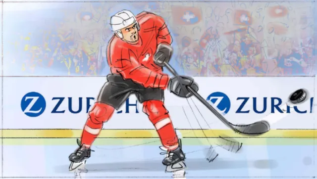 Ice hockey player in red jersey shooting puck on ice rink