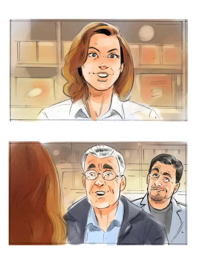 Two men speaking to a woman in a store, artwork by Henryk Zimak