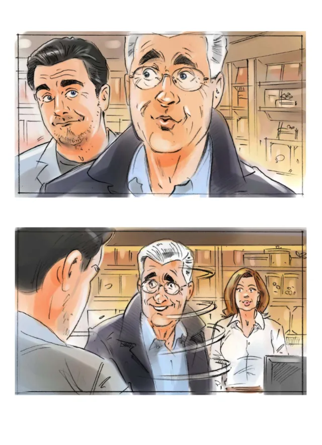 Two men talking in an office with a woman in the background, illustrated by Henryk Zimak