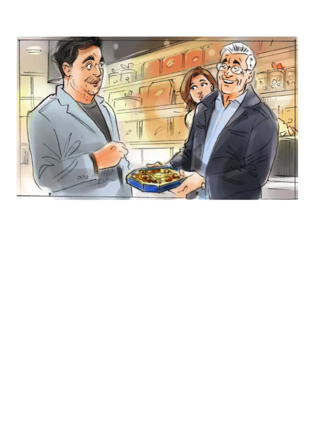 Three people sharing a food dish in a store interior, illustration by Henryk Zimak