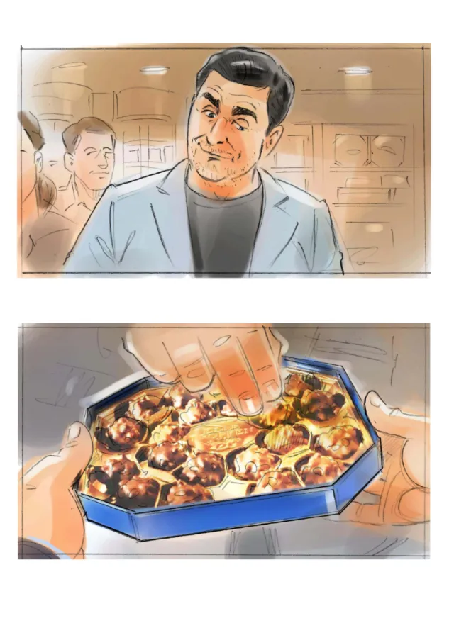 Man looking at octagonal box filled with assorted pastries, illustration by Henryk Zimak