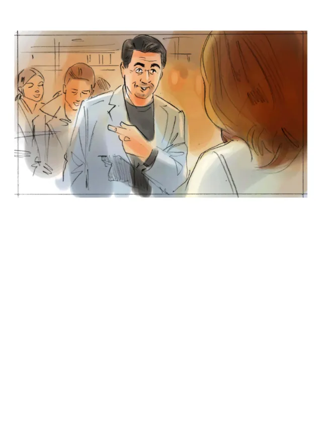 Man speaking to woman with two listeners in background, drawn by Henryk Zimak