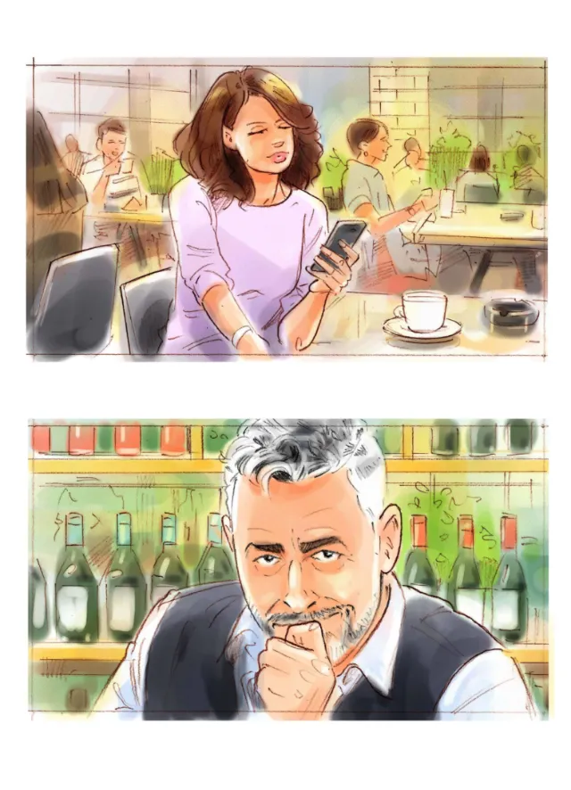 Woman reading phone in cafe and bartender behind bar, artwork by Henryk Zimak