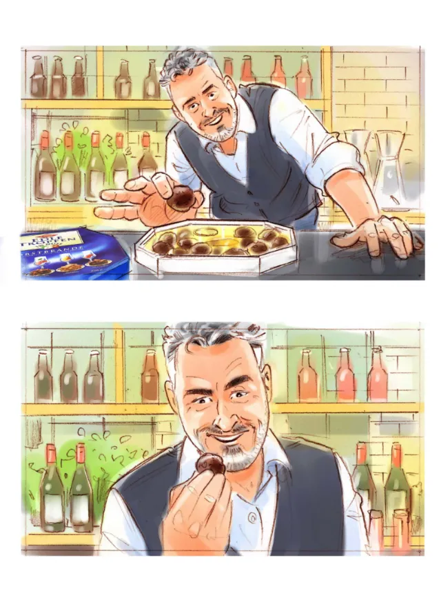 Bartender offering and tasting chocolate dessert in bar setting by Henryk Zimak