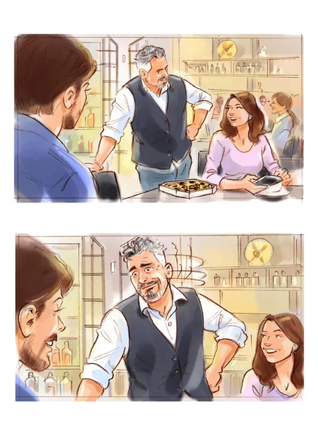 Three people talking casually in a cafe, illustrated by Henryk Zimak