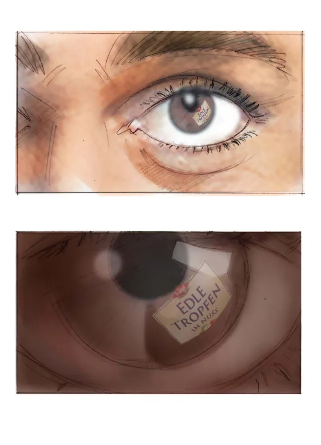 Close-up of a human eye reflecting the text 'EDLE TROPEN' by Henryk Zimak