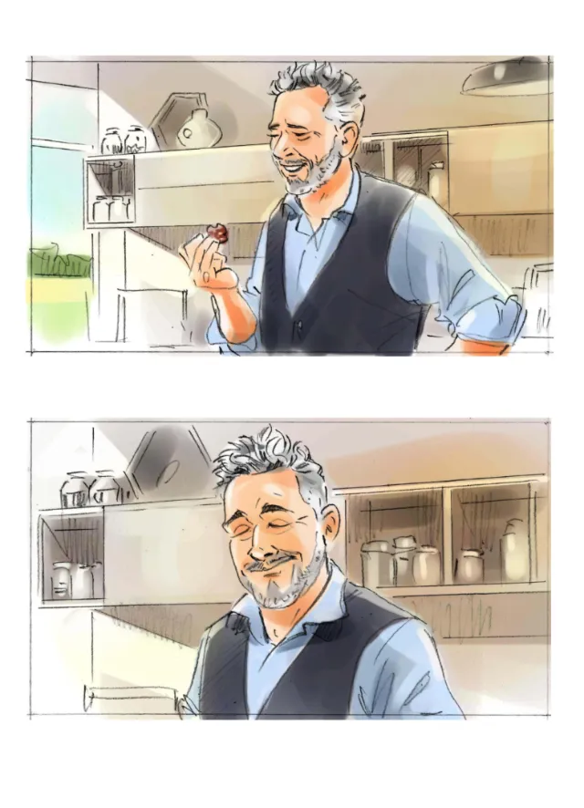 Middle-aged man smiling and enjoying a snack in kitchen by Henryk Zimak