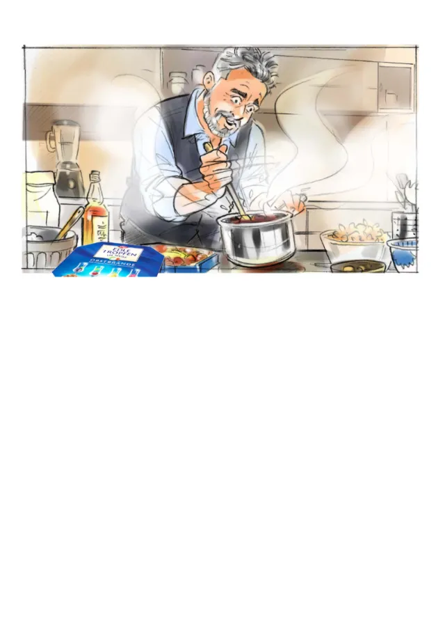 Man tasting food from a pot in a steaming kitchen illustration by Henryk Zimak