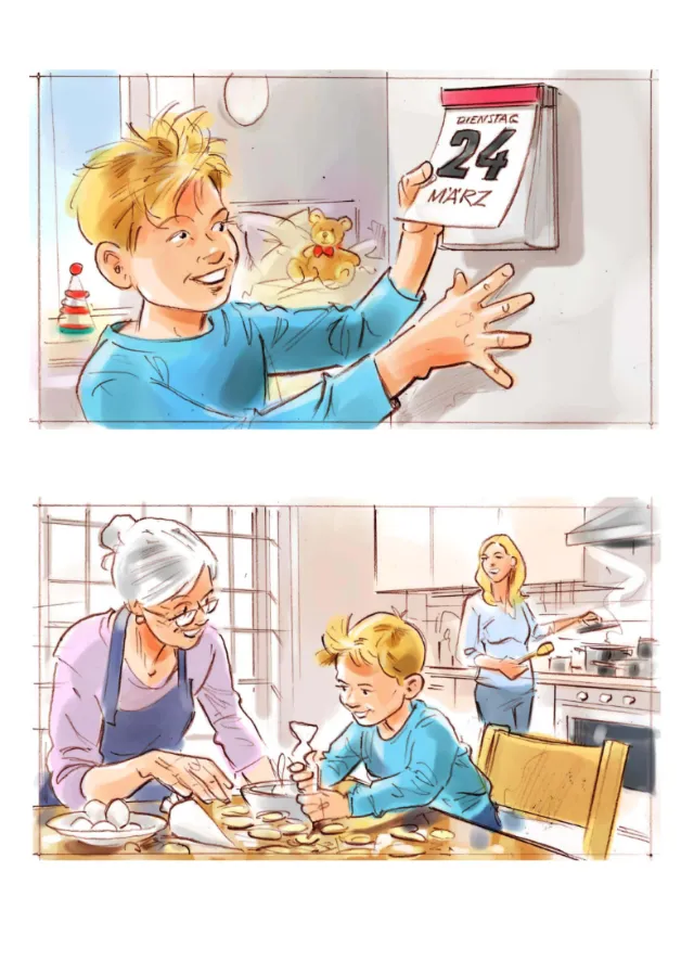 Boy checking March 24 calendar and baking cookies with grandmother and mother