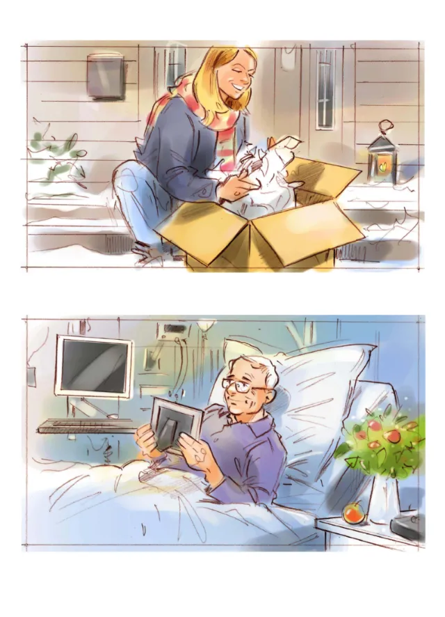 Woman unwrapping gift box and elderly man holding photo in hospital bed, artwork by Henryk Zimak