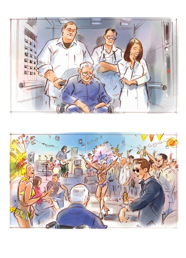 Two Henryk Zimak illustrations of doctors with patient and festive crowd