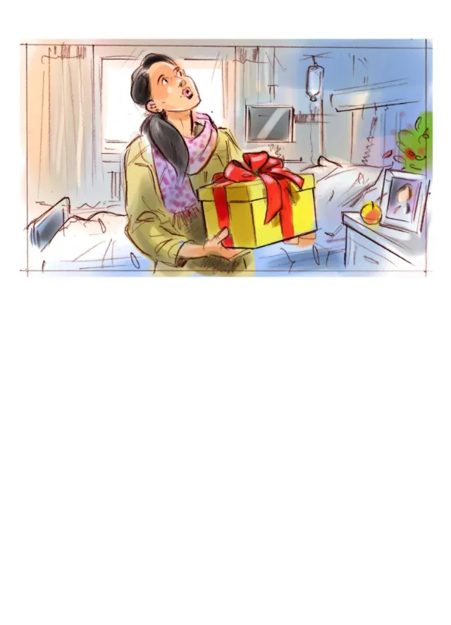 Woman holding a yellow gift box with a red ribbon in hospital room illustration