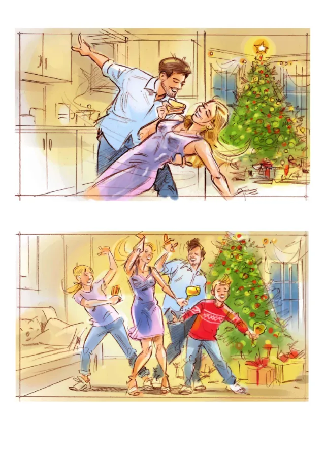 Family dancing and celebrating Christmas by decorated tree indoors, illustration by Henryk Zimak