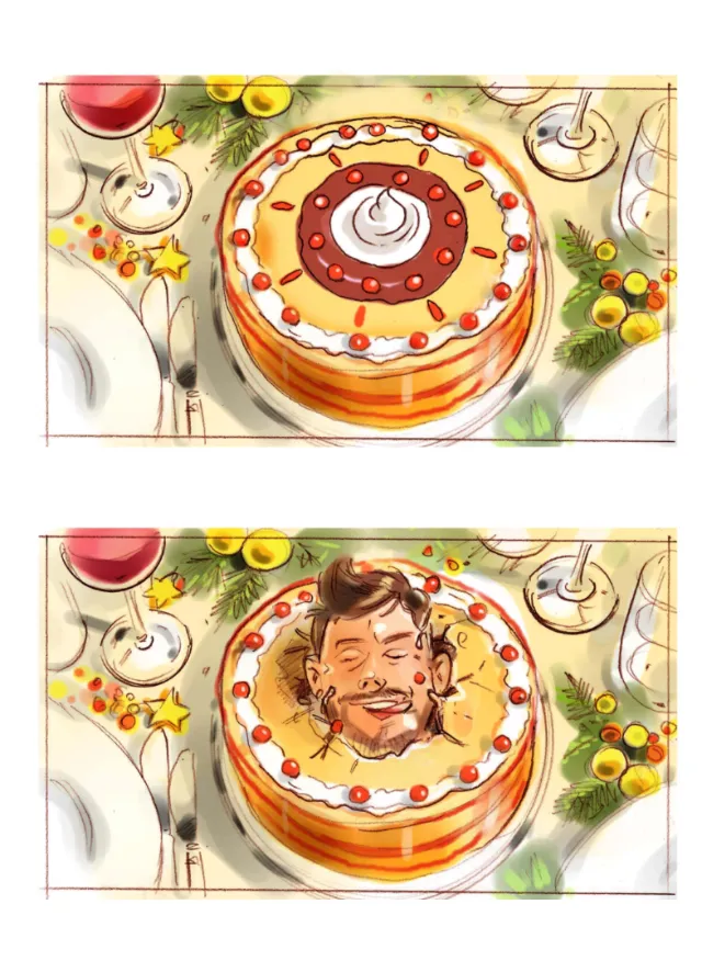 Festive cake with a smiling male face inside on a table setting
