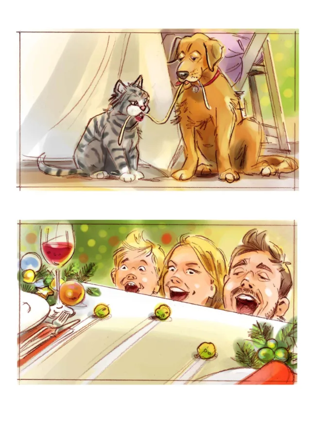 Illustration of a cat and dog watching three happy diners enjoying a meal by Henryk Zimak