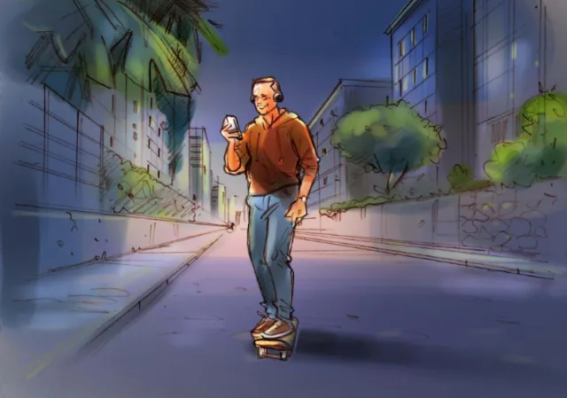 Man skateboarding on urban street at night by Henryk Zimak