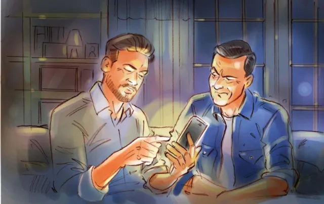 Two men sitting and viewing smartphone screen together, illustration by Henryk Zimak