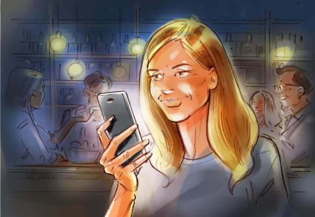 Woman looking at smartphone with people socializing in background, artwork by Henryk Zimak