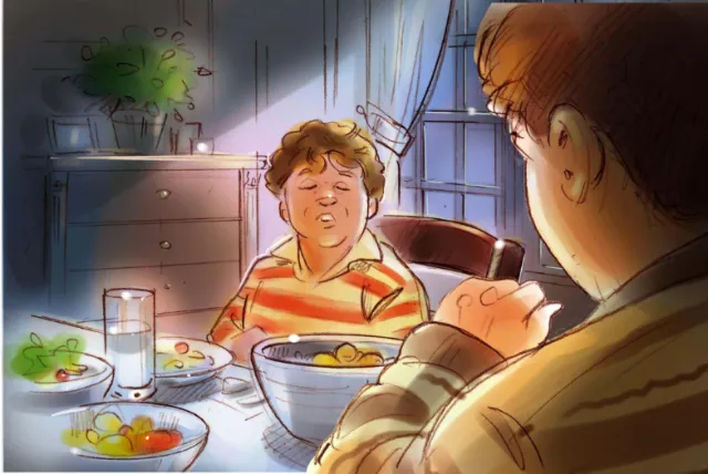 Two people eating dinner at a table near a window, illustrated by Henryk Zimak