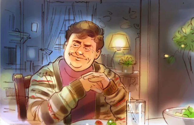 Smiling man sitting at table in warmly lit room by artist Henryk Zimak
