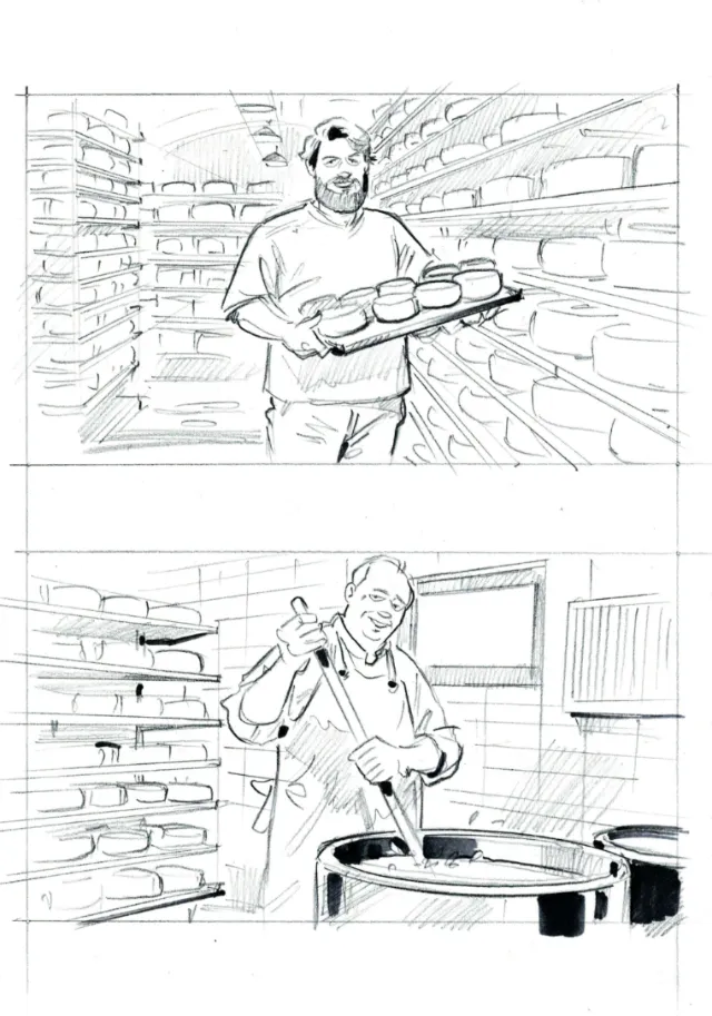 Sketches of bakery worker with bread loaves and stirring dough, by Henryk Zimak