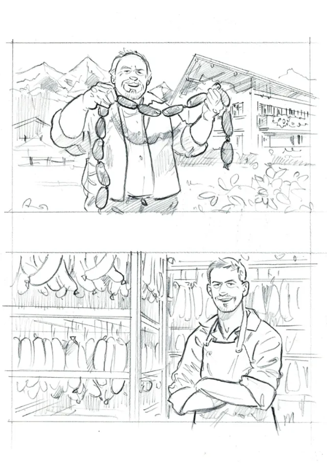 Sketch of a man holding sausages and a butcher standing inside a shop by Henryk Zimak
