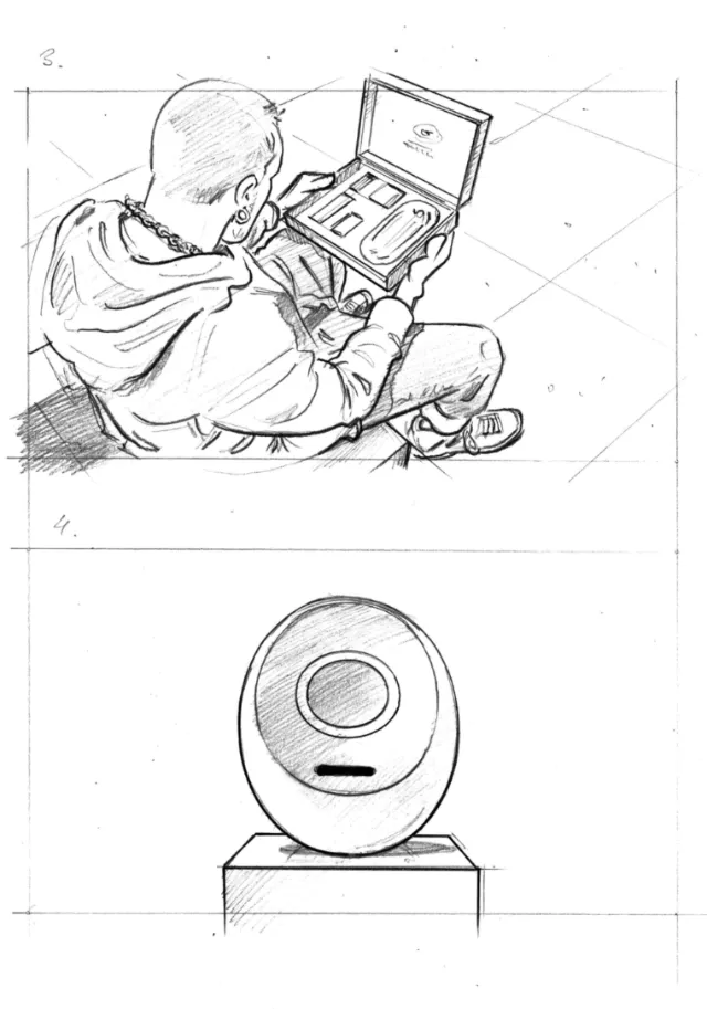 Sketch of man holding open case and separate circular object on pedestal