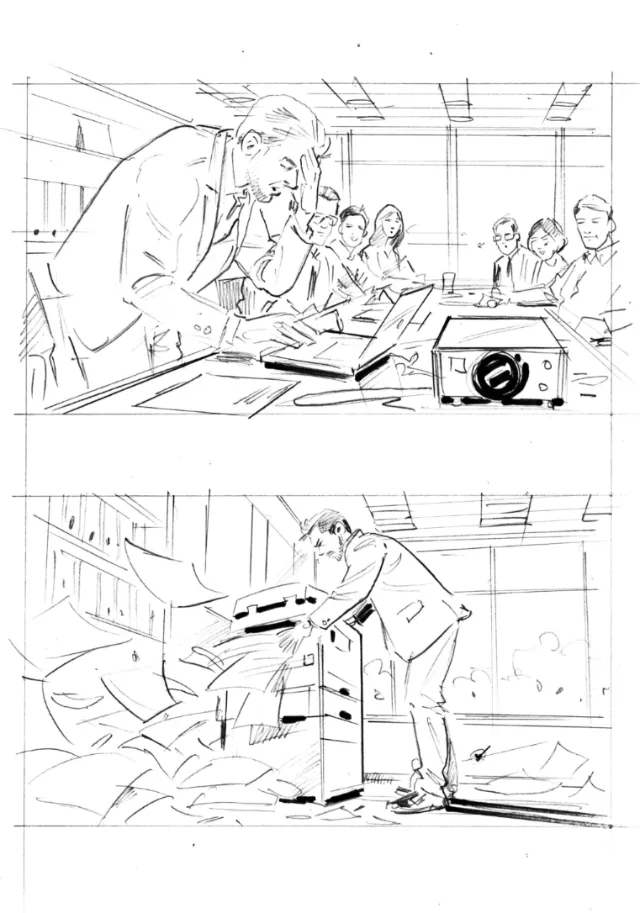 Two-panel cartoon sketches showing a businessman presenting and organizing papers by Henryk Zimak.
