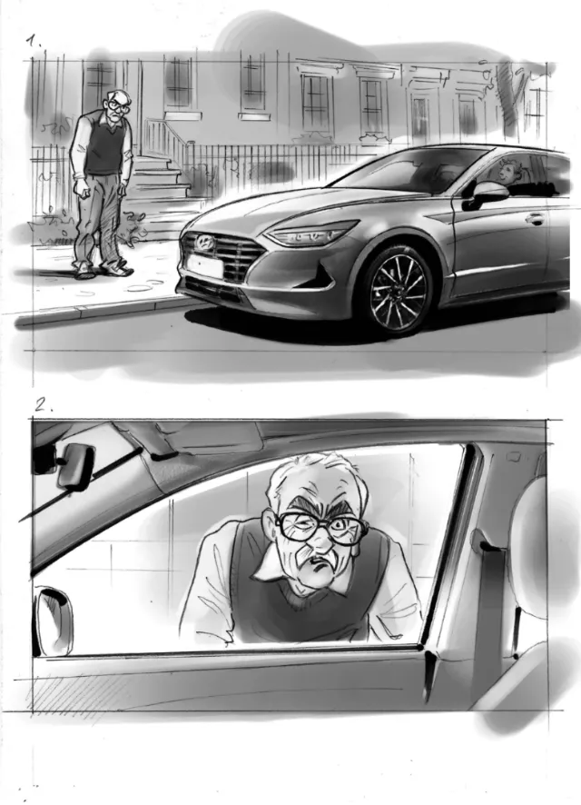 Elderly man angrily leaning on modern car, illustrated by Henryk Zimak.