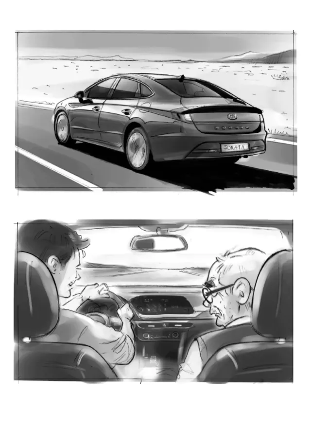 Two sketches by Henryk Zimak showing a car exterior and two people inside the car
