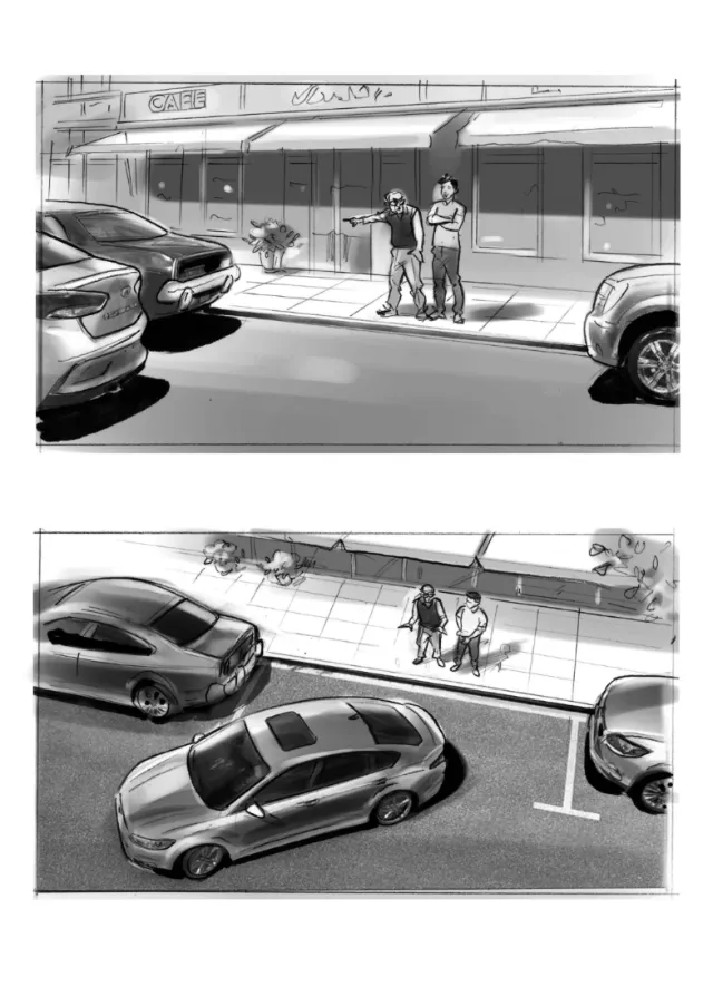 Black and white street illustration showing parked cars and people outside buildings by Henryk Zimak
