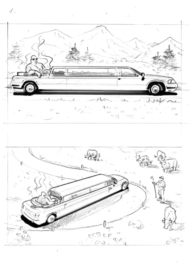 Ink drawing of a stretched limousine in mountainous and rural landscapes by Henryk Zimak