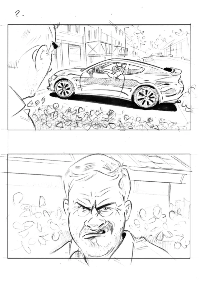 Sketch of man looking at a car in a city street by Henryk Zimak