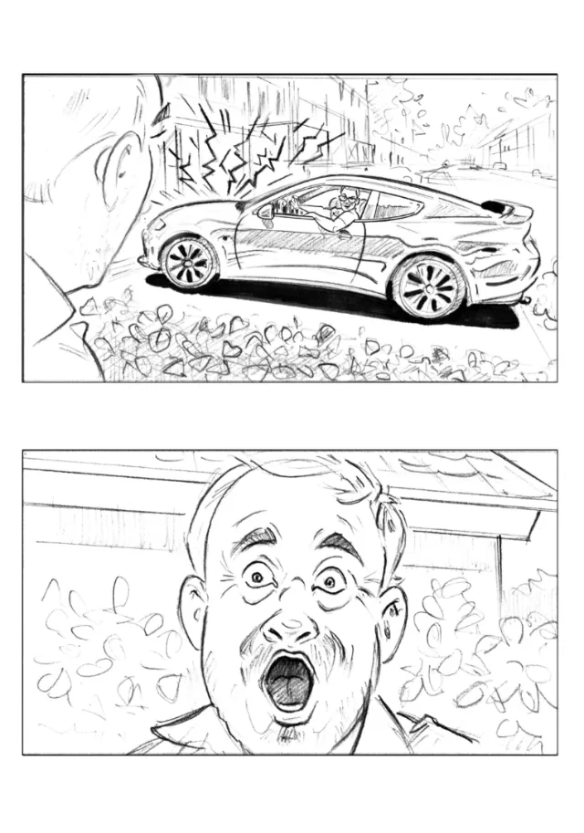 Shocked man reacts to damaged car in Henryk Zimak illustration