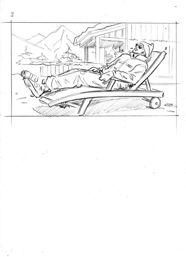 Man reclining on lounge chair outdoors with mountains in background, sketch by Henryk Zimak