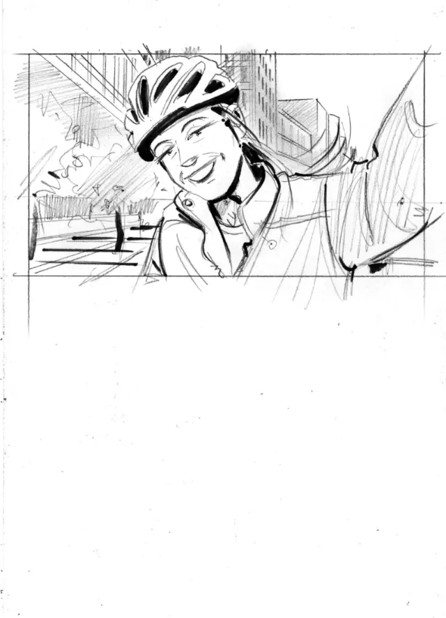 Sketch of a smiling cyclist wearing a helmet in a city by Henryk Zimak